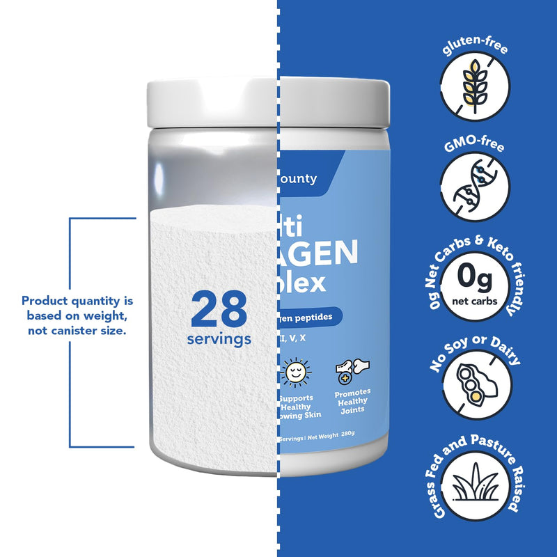 Vitamin Bounty Multi Collagen Complex - Hydrolyzed Collagen Peptides Types I, II, III, V & X - Supports Skin Elasticity, Joint Health, Hair & Nail Growth - 28 Servings 8.25 Ounce (Pack of 1)