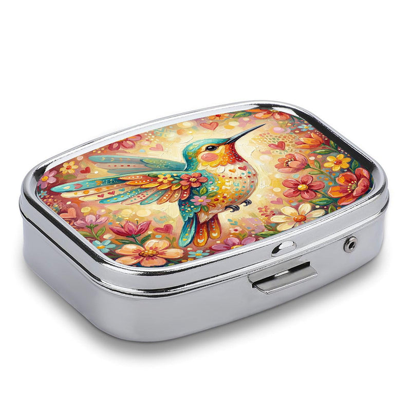 Metal 2 Compartment Pill Organizer Travel Friendly Portable Compact Pill Box Cute Pill Case,for Pocket Wallets Daily Portable Medicine Vitamin Tablet Storage (Painted Birds) Painted Birds
