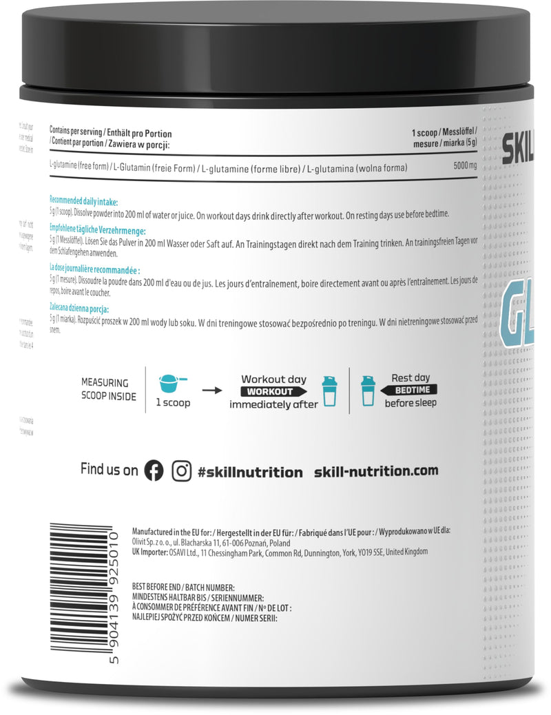 Skill Nutrition Glutamine - 500 g | L-Glutamine Powder | Supports Recovery & Muscle Rebuilding | Free from Sugar & Fillers | Vegan & Vegetarian-Friendly 500 (Pack of 1)
