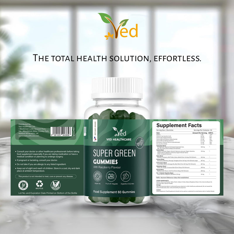 VED Super Green Gummies - Green Vitamin Gummies for Adults - Super Greens & B12 Gummy Supplement - Enhanced Nutrition with Greens Supplement.