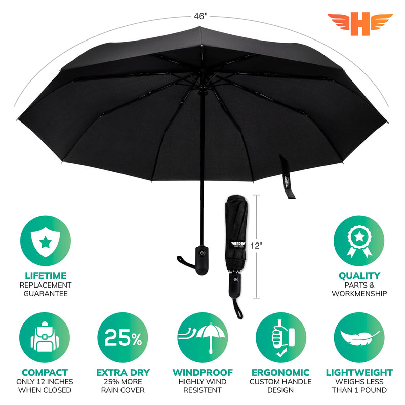 HERO Windproof Travel Umbrella – Premium Auto Open/Close, Lightweight, Compact, Portable Umbrella with 2-Person Coverage for Travel – Fits Easily in a Purse or Backpack Black
