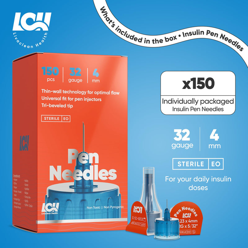 [Australia] - (150 Ct) LivaClean Health Pen Needles for Insulin - 32G x 4mm (5/32"), Universal Fit for Most Pen Injectors, Diabetic Needles, Individually Packaged, Safe and Convenient Use 