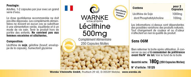[Australia] - Lecithin 500mg - from soy - 250 softgels - GMO-free - high dosage - large pack | Warnke vital substances - German pharmacy quality 