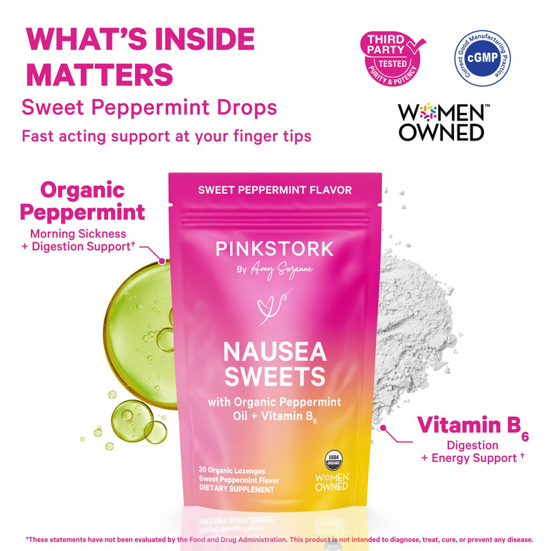 Pink Stork Organic Peppermint Sweets, Peppermint, 30 Candies | Morning Sickness Support, Motion Sickness Support, Added Vitamin B6, 1st Trimester Pregnancy Must Haves, Wrapped Mint