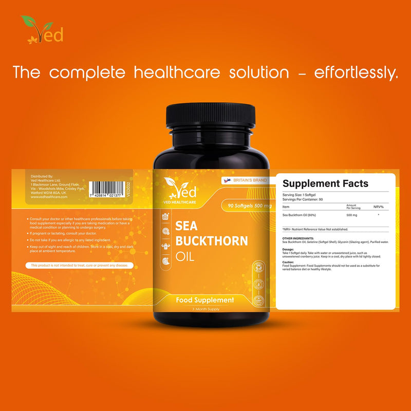 VED Sea Buckthorn Oil Soft Capsules | Boost Immune System | Omega-7 500 mg | 120 Softgels.