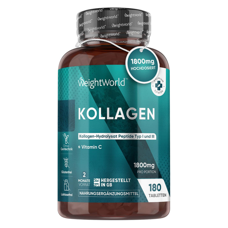 [Australia] - Collagen Tablets - 1800mg Hydrolyzed Collagen Peptides Type 1 & 3 with Vitamin C - 180 Marine Collagen Tablets - 2 Month Supply - For Cell Protection, Bones, Skin & Active Life - From WeightWorld 