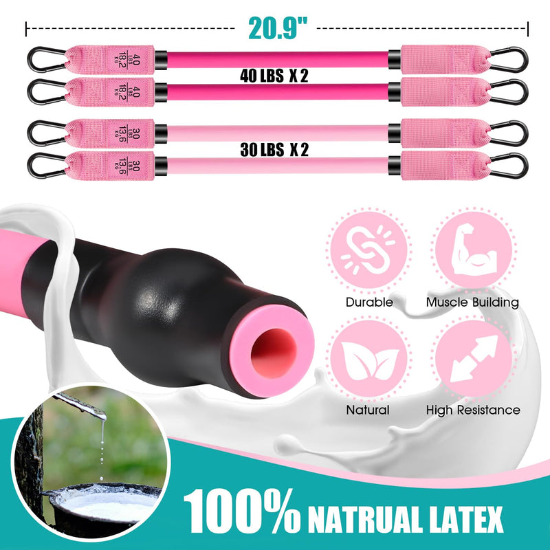[Australia] - Pilates Bar Kit with Resistance Bands, Pilates Workout Equipment for Legs, Hip, Waist, Arm, Squats Exercise Equipment for Home Workouts, Adjustable 3-Section Pilates Bar Kit for Women & Men 1-Pink New-140LBS 
