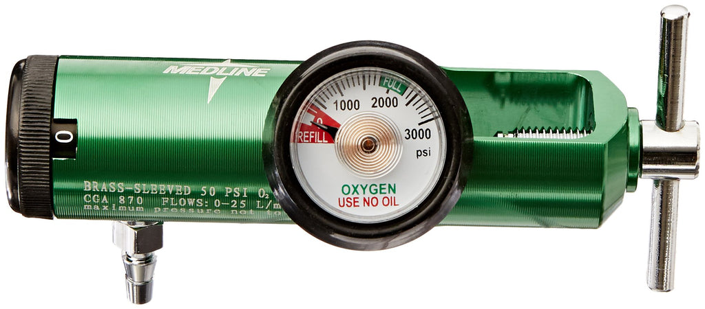 Medline Mini Oxygen Regulator, Latex Free, 0 - 25 Liters per Minute, 870 CGA Connection, Brass Sleeve