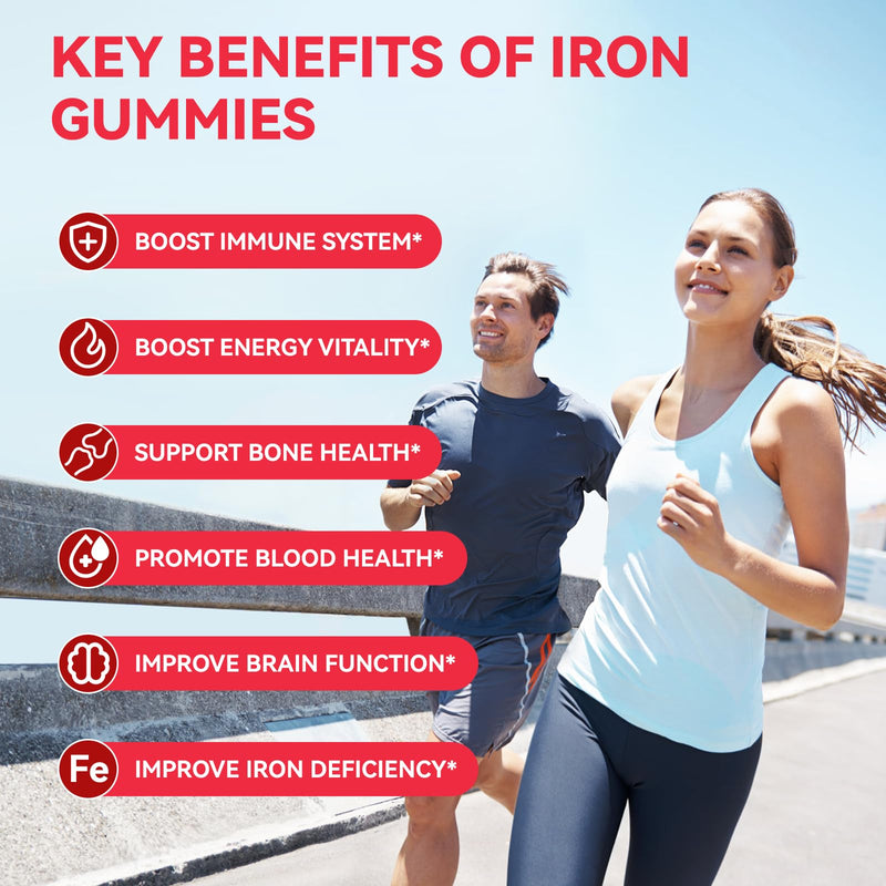 Iron Supplement Gummies for Women & Men - Iron Gummies with Folate Vitamin C B12 B6 Zinc - Health Blood & Energy Support & Immune Support for Adult, Peach Flavor, Vegan 60 Gummies