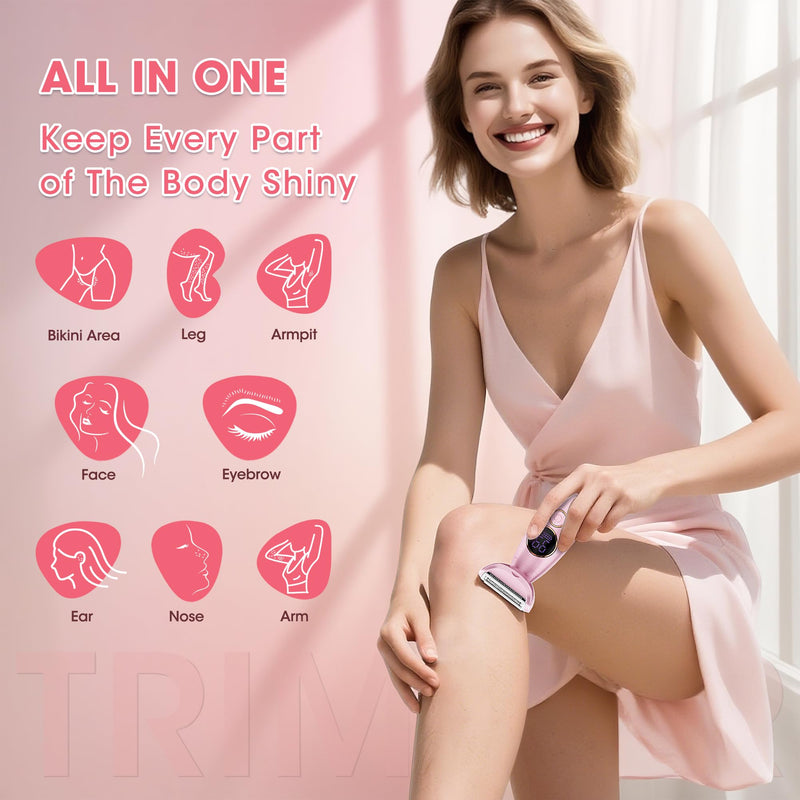 [Australia] - Karrte 5-in-1 Electric Razor for Women's Pubic Hair, Painless Body Shaver and Facial Epilator, Hair Removal for Face, Bikini Trimmer for Women's Private Area Pink 