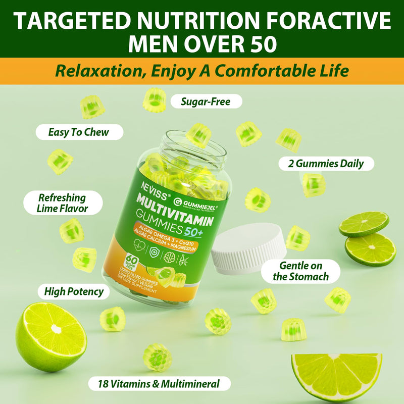 Multivitamin for Men 50 + Plus, Sugar Free Men Multivitamins Gummies w/Omega-3, Coq10, D3k2, Calcium, Magnesium, Zinc, Vitamins A, C & E, Mens Vitamins for 𝖧𝖾𝖱𝗍, Antioxidant, Brain, Bone, 60cts