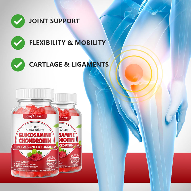 [Australia] - Glucosamine Chondroitin Gummies Sugar Free, Extra Strength Glucosamine Chondroitin Supplement for Natural Joint Support, Raspberry Flavored 60 Count 60 Count (Pack of 1) 