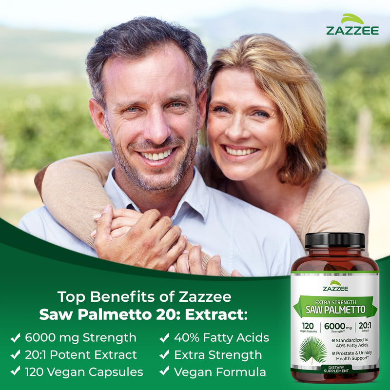 [Australia] - Zazzee Extra Strength Saw Palmetto 20:1 Extract, 6000 mg Strength, 40% Fatty Acids, 120 Vegan Capsules, 4 Month Supply, Concentrated and Standardized 20X Extract, Non-GMO, All-Natural, Made in the USA 
