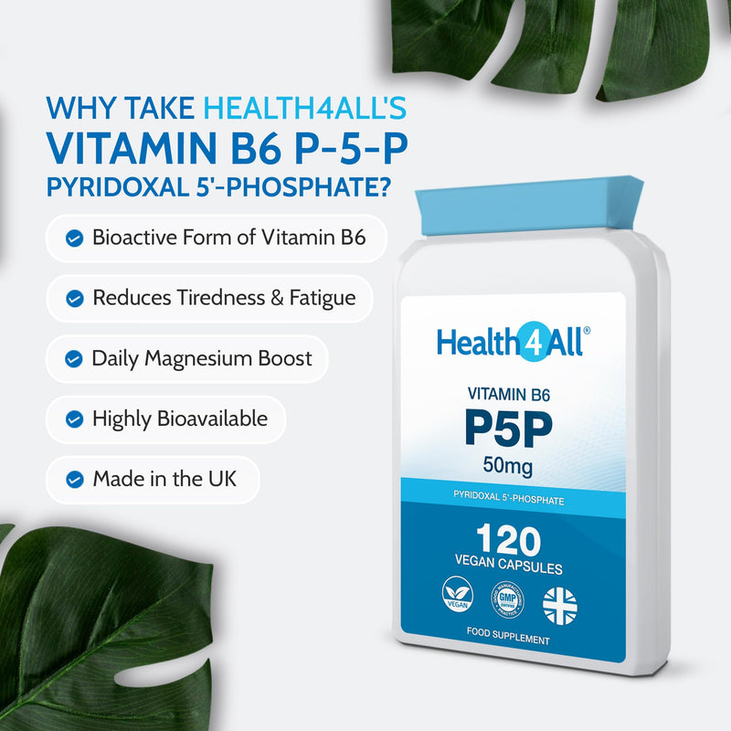 P5P 50mg Activated Vitamin B6 with Magnesium Citrate for Tiredness & Fatigue - 120 Capsules 4 Month Supply - Pyridoxal 5'-Phosphate - Vegan VitB6 Supplement - Made in UK by Health4All 120 count (Pack of 1)