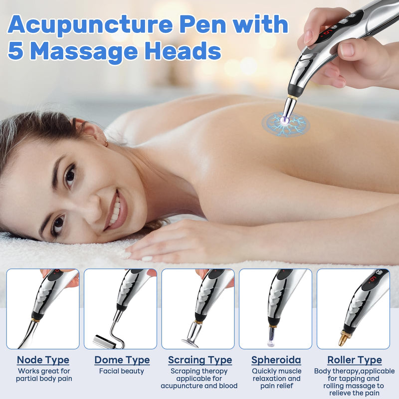 [Australia] - Acupuncture Pen, 5-in-1 Electronic Acupuncture Pen Pain Relief Therapy Rechargeable Powerful Meridian Energy Massage Pen Relief Pain Tools, White 