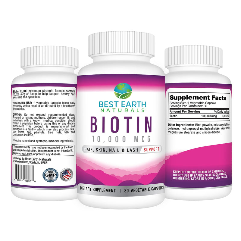 Best Earth Naturals Biotin 10,000mcg - Extra Strength Biotin Vitamin Supplement to Support Hair Growth, Strong Nails, Long Eye Lashes and Healthy Skin