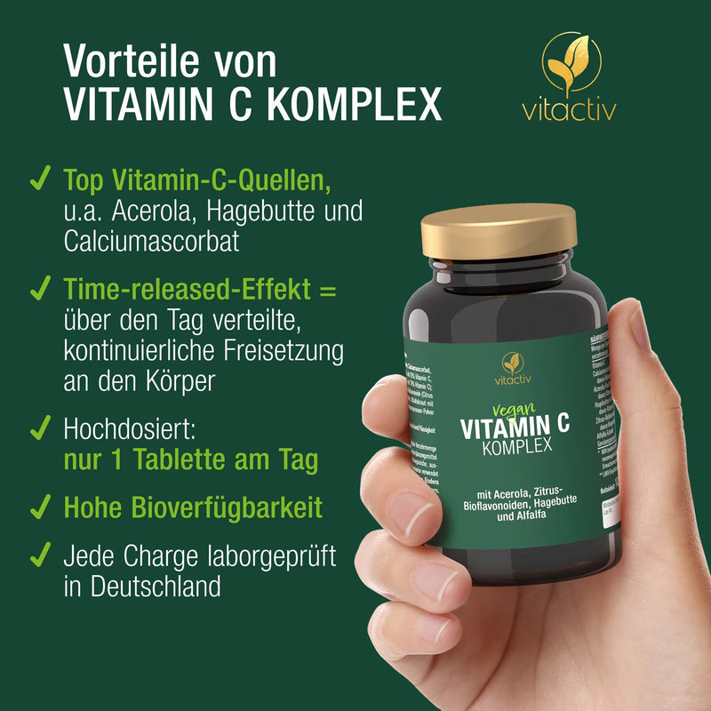 [Australia] - VITACTIV Vitamin C Complex + Acerola - Vitamin C High Dose 1000mg & Time Released - Vitamins from Acerola Cherry, Rose Hip, Alfalfa plus Citrus Bioflavonoids - Laboratory Tested, Vegan, 100 Tablets 