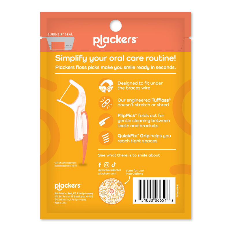 [Australia] - Plackers Orthopick Dental Floss Picks for Braces, Made with Super TufFloss, Soft Flexible Toothpick, Gentle on Braces, Orange, 144 Count (Pack of 4) 