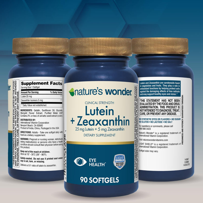 Nature's Wonder Clinical Strength Lutein 25mg & Zeaxanthin 5mg, 90 Softgels | Daily Carotenoid Complex for Adults, Supports Vision & Eye Health, Free Radical & Blue Light Defense, Gluten Free, 90 Days