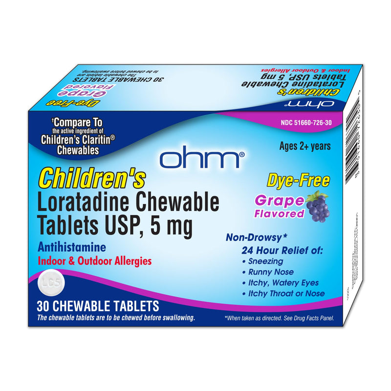 [Australia] - Ohm Children's Loratadine Allergy Chewable Tablets - Dye Free, Grape Flavor, Non-Drowsy 24 Hour Relief, Antihistamine for Indoor & Outdoor Allergies - 30 Tablets 30 Count 