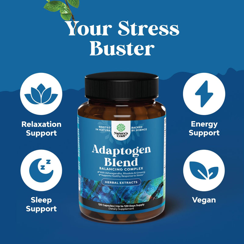 Adaptogens Supplements Blend Capsules w Ashwagandha & Rhodiola - 120 ct | Calming adaptogen support for stress, mood, energy & cortisol management; vegan, non-GMO 120 Count (Pack of 1)