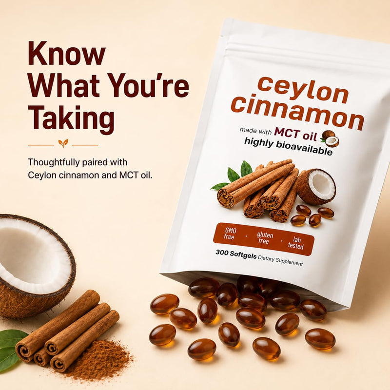 Ceylon Cinnamon Capsules with MCT Oil, 300 Softgels – Cinnamomum Verum Extract 600mg Per Daily Serving, High Absorption Softgels, Non GMO & Gluten Free Cinnamon Food Supplement, 100 Day Supply