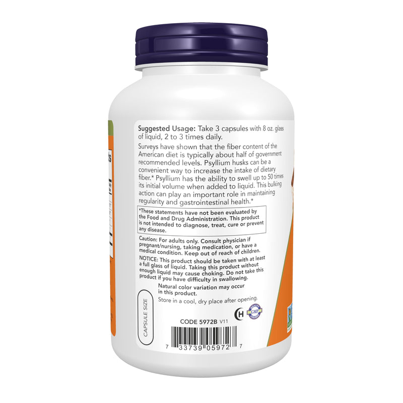 NOW Foods Supplements, Psyllium Husk Caps 500 mg, Non-GMO Project Verified, Natural Soluble Fiber, Intestinal Health*, 500 Veg Capsules 500 Count (Pack of 1)