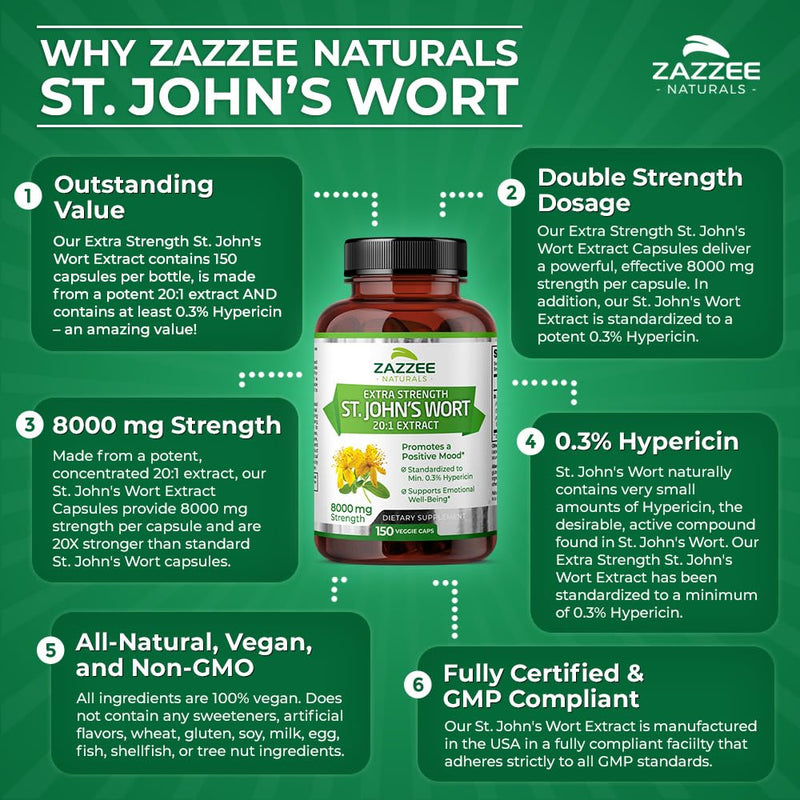 [Australia] - Zazzee Extra Strength St. John’s Wort 20:1 Extract, 8000 mg Strength, 0.3% Hypericin, 150 Vegan Capsules, 5 Month Supply, Concentrated, Standardized 20X Extract, 100% Vegetarian, Non-GMO, All-Natural 