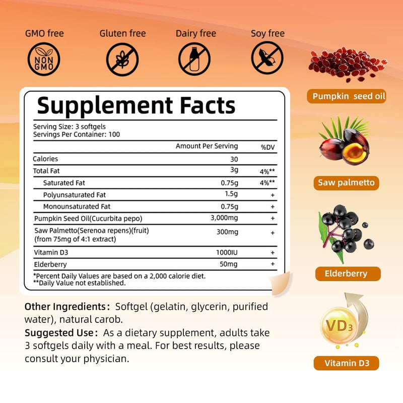 [Australia] - Pumpkin Seed Oil with Saw Palmetto, 300 Softgels | 4 in 1 Vitamin D3 & Elderberry, 3000mg Cold Pressed & Pure Virgin Oil | Supports Hair, Urinary, Bladder & Prostate Health, Immune | Vegan, Non-GMO 