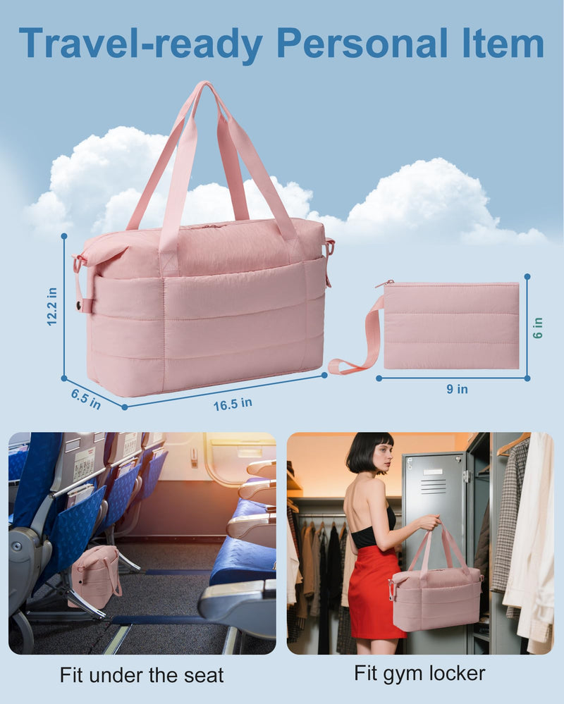 JUNGYOON Gym Bag for Women – Lightweight Weekender Overnight Bags with Toiletry Pouch, Quilted Travel Duffle Carry On Bag Pink