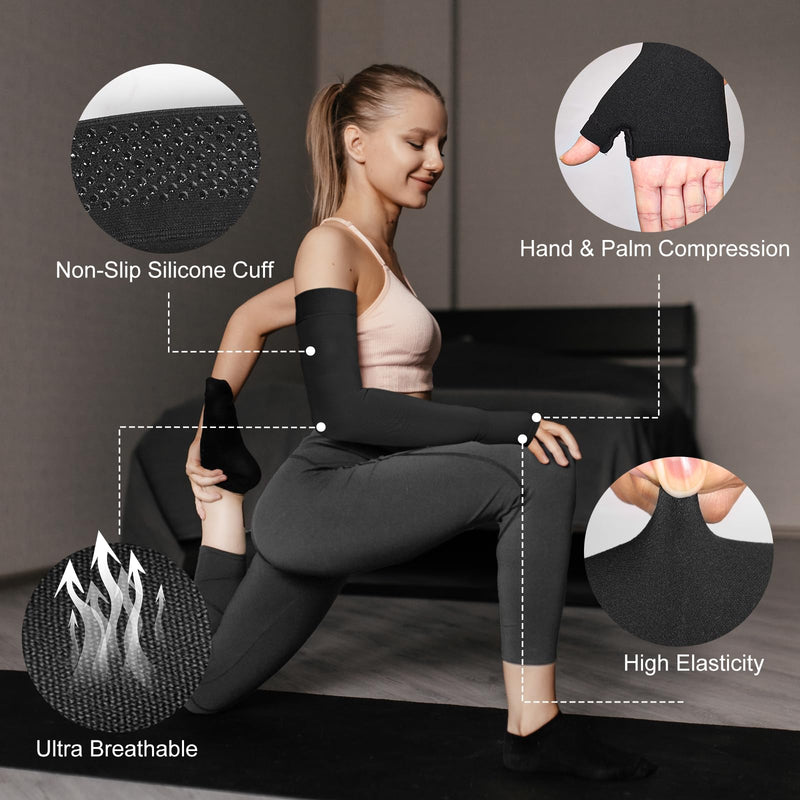 [Australia] - Hiball Lymphedema Medical Compression Arm Sleeve with Gauntlet, 20-30 mmHg Graduated Compression Full Arm Support for Women Men, Long Pressure Arm Hand Brace for Arthritis, Bursitis, Edema, Nerve Pain Black (Single) Large 