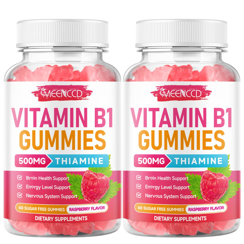 MEENCCD 2 Pack Vitamin B1 Gummies 500mg, Thiamine B1 Supplement Supports Energy Production, B1 Vitamin for Adults & Kids, Sugar-Free, Vegan, Raspberry Flavor, 120 Count 60 Count (Pack of 2)