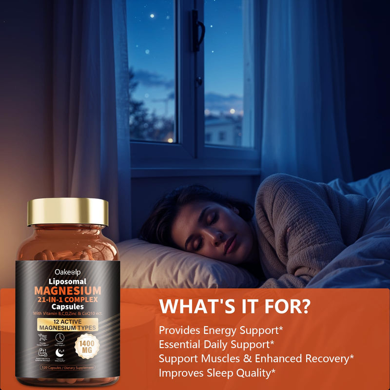 2 Packs Liposomal 12 Active Types Magnesium Complex 1400mg (Glycinate,Citrate,Malate etc) Capsule - with Vitamin D3, B6, B12, Ashwagandha & CoQ10 for Adult-Support Relaxation,Muscle & Heart 12 Types Magnesium Tasteless 120 Count (Pack of 2)
