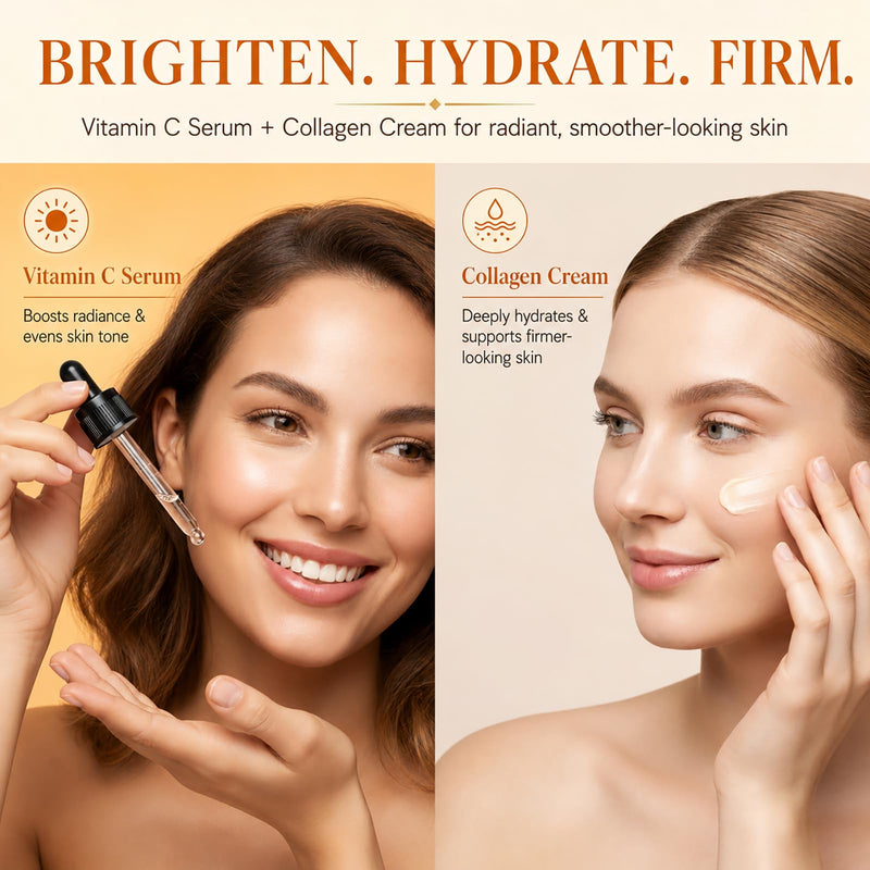 Vitamin C Serum & Collagen Face Cream Set for Face, 2-Step Skincare | Vitamin C serum helps improve the look of dark spots; collagen face cream supports smoother, moisturized skin