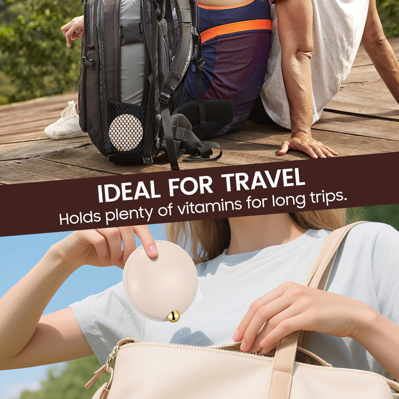 iplusmile Cute Pill Case with 4 Compartments for Purse and Travel (Beige) | Removable Divider Fits Tablets, Softgels, Vitamins & Fish Oil, ABS Case with Silicone Ring for Work, Commutes & Trips Beige