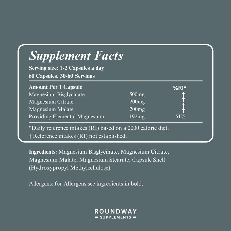 Magnesium Glycinate 3-in-1 Complex 1800mg Supplement with Magnesium Bisglycinate, Citrate & Malate | 60 Capsules, 3 Month Supply | Made in The UK by Roundway Supplements