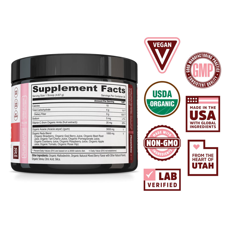 Zhou Organic Reds Powder - Natural Berry Flavor, 4.95 oz (30 Servings) | Red Powder Superfood with Beetroot, Super Fruits, Goji Berry, & Tart Cherry, Antioxidant Support for Whole-Body Health