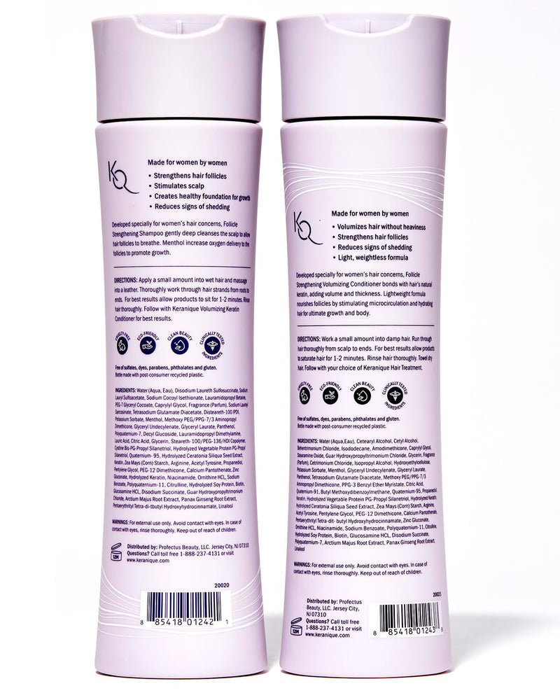 Keranique Volumizing Shampoo & Conditioner Set for Hair Repair, Growth & Thinning Hair Support – Keratin, Biotin, Menthol & Niacinamide, Lightweight Strengthening Formula - Keratin Amino Complex™