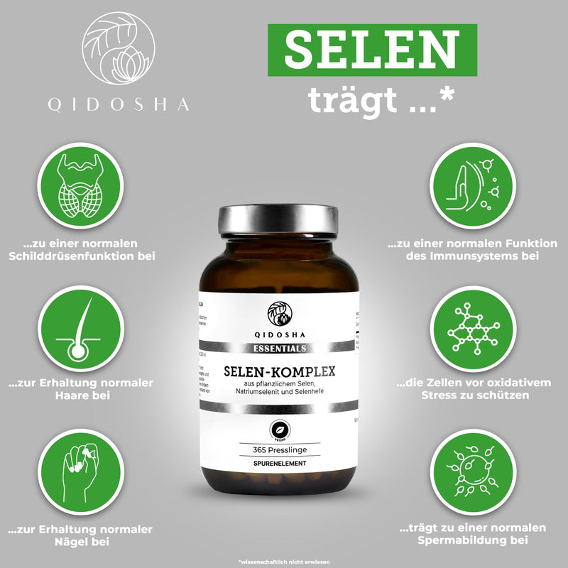 [Australia] - QIDOSHA® Selenium complex, 365 tablets with 200µg selenium each, complex made from plant-based selenium, sodium selenite and selenomethionine, vegan, German production, each batch laboratory tested, high-dose selenium 