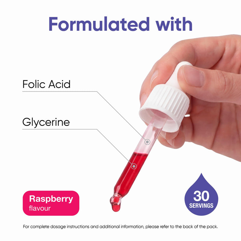 Folic Acid Drops 400µg per 1ml, Pregnancy Vitamins for Women, Concentrated Prenatal Folate Supplement, Reduces Tiredness and Fatigue, Vegan Vitamin B9 Dropper, Raspberry Flavour, UK Made 30ml