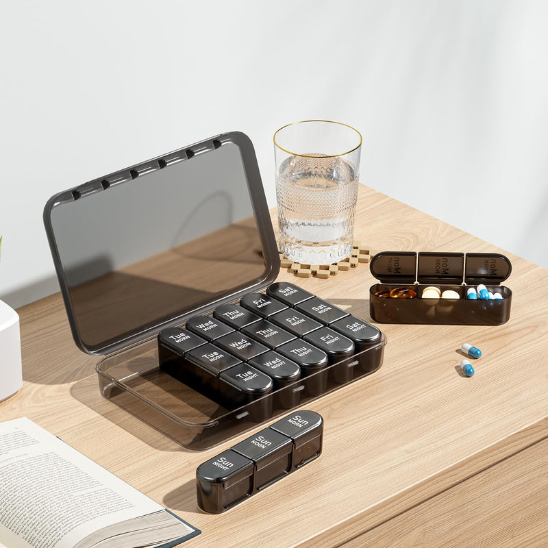 Daviky Weekly Pill Organizer 3X a Day, Travel Pill Box7 Day Light-Proof | Pill Case 3 Times a Day, Easy Open, Arthritis-Friendly, Large Capacity, for Medication, Vitamin, Fish Oil, Supplement, Black