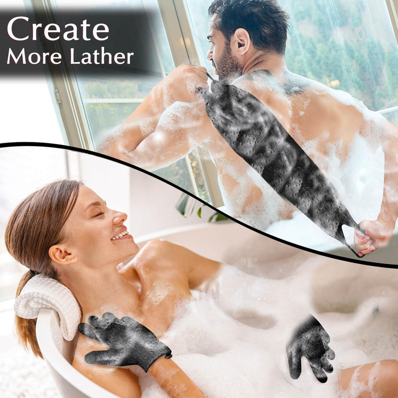 [Australia] - Anezus Exfoliating Back Scrubber Bath Gloves Set, Exfoliating Shower Towel with Shower Gloves for Body Scrub, Back Cleaner, Washing Gloves for Removing Dead Skin (Black) Black 