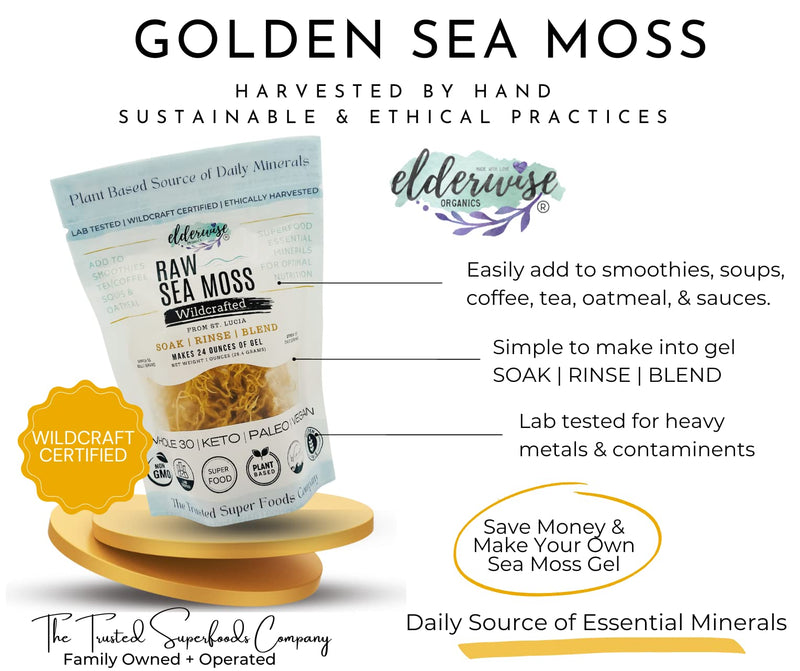 Elderwise Golden Sea Moss, Raw Wildcrafted Gracilaria, Makes 24oz Gel | Sun-Dried Sea Moss with no chemicals used or Flavors; a Simple Mineral & Vitamin Rich Choice for home kitchens
