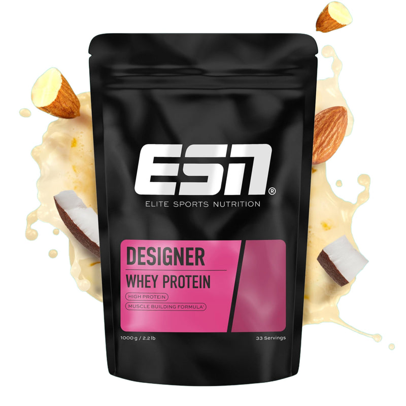 [Australia] - ESN Designer Whey Protein Powder, Almond Coconut, 1 kg, up to 23 g protein per serving, ideal for building and maintaining muscle, tested quality - made in Germany 