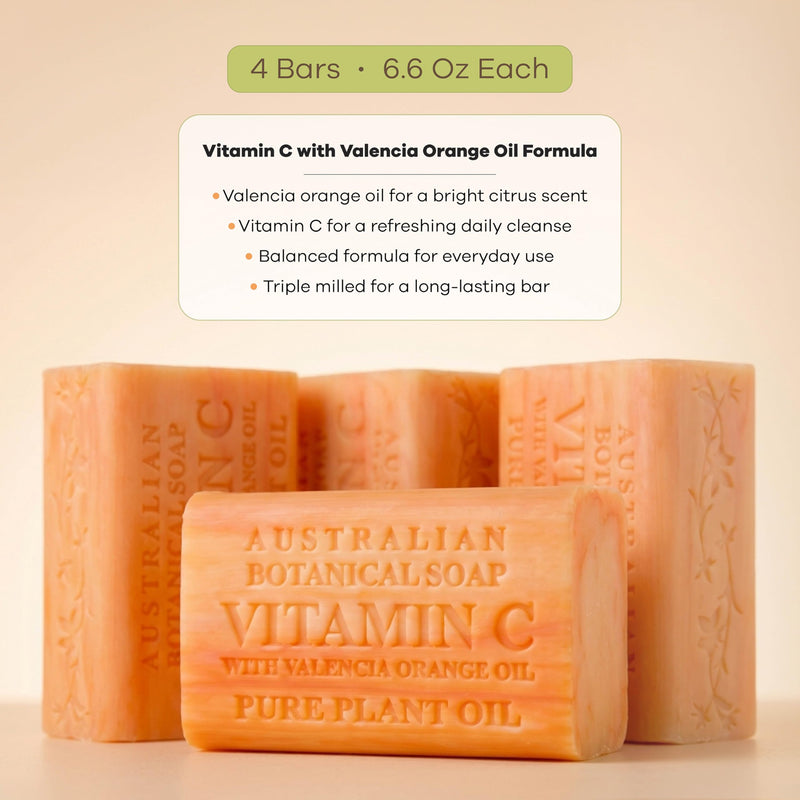 Australian Botanical Soap Vitamin C with Valencia Orange Oil 6.6 oz Luxury Soap Bars Enriched with Shea Butter, Suitable for Men, Women and All Skin Types, Pack of 4 6.6 Ounce (Pack of 4)