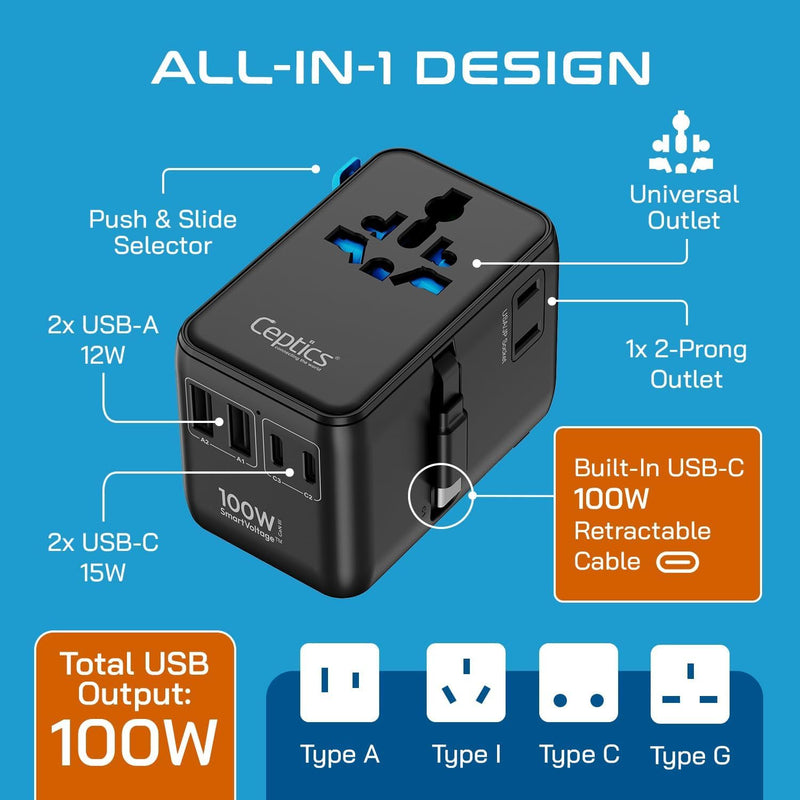 Ceptics GAN 100W Universal Travel Adapter with Retractable USB-C Cable, 2X USB-A & C, Universal Input and 1x USA/JP Input, 7 in 1 Universal Adapter for Worldwide Travel - Type A, C, G, I Output Black/Blue
