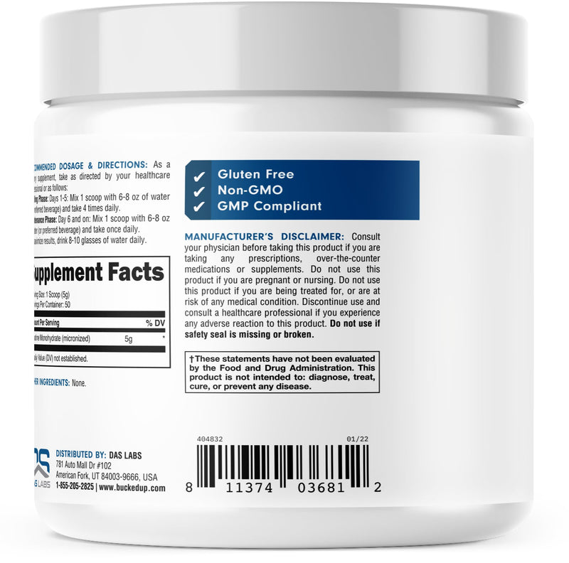 [Australia] - Bucked Up Creatine Monohydrate 250 Grams Micronized Powder, Essentials (50 Servings) 