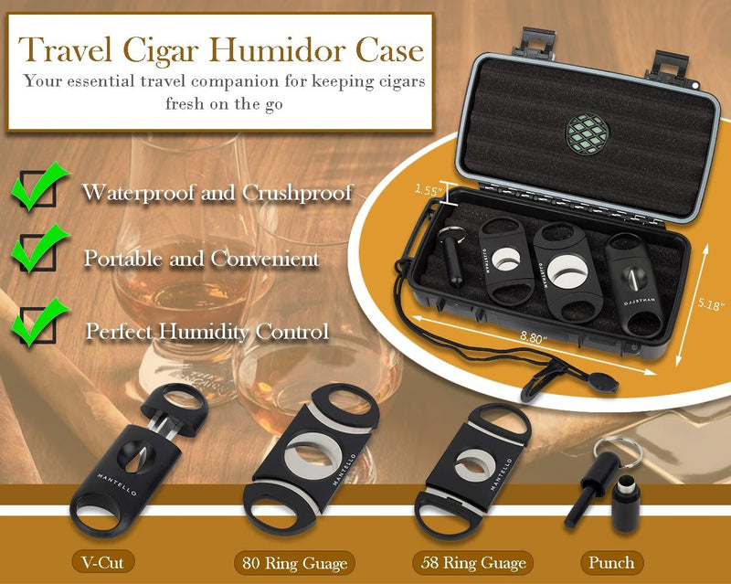 [Australia] - Mantello Cigars Travel Cigar Humidor Case - Cigar Case with 2 Ring, V-Cut & Punch Cutters - Waterproof & Airtight - Holds 5 Cigars- 5-Piece Cigar Accessories Cigar Gifts for Men 5 Piece Set 