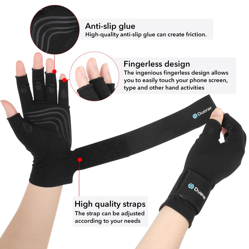 [Australia] - Duerer Arthritis Compression Gloves with Straps, Women Men for RSI, Carpal Tunnel, Rheumatoid, Tendonitis, Hand Pain, Hand Support. Fingerless Gloves for Computer Typing and Daily work (Black, S) Small (1 Pair) Black 