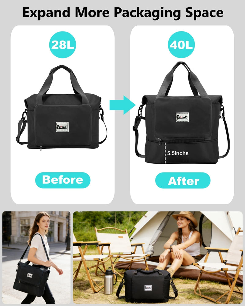 Foldable Travel Duffel Bag for Women, Black | 40L Expandable Carry on Bag Personal Item Flight Approved Lightweight Water Resistant Overnight Weekender Bag, Nylon